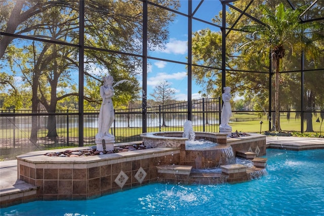 view of pool featuring a fenced in pool, a water view, glass enclosure, and fence