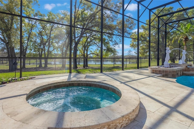 view of pool with a water view, fence, glass enclosure, an in ground hot tub, and a patio area