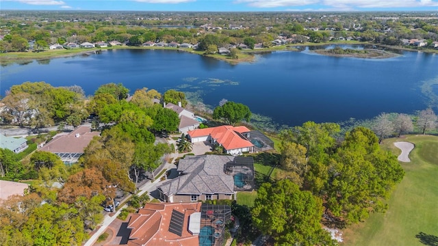 aerial view featuring a water view