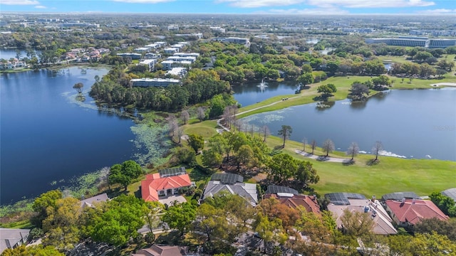 bird's eye view with a water view