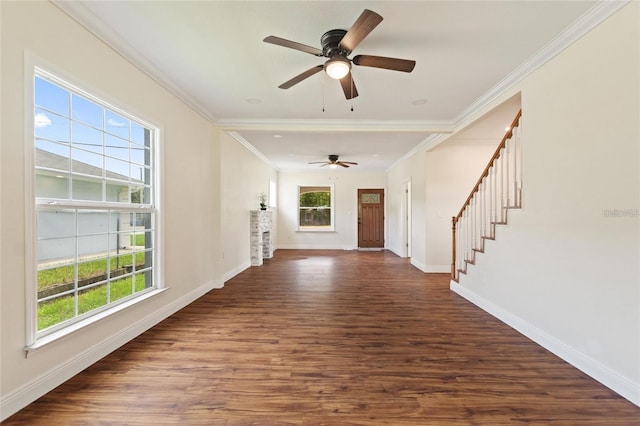 entryway featuring dark wood-style floors, a ceiling fan, stairs, and baseboards