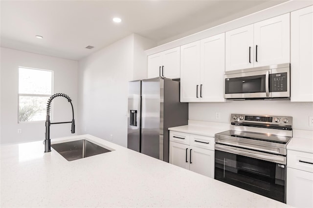 kitchen with visible vents, a sink, recessed lighting, appliances with stainless steel finishes, and white cabinets