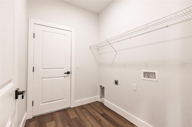 washroom featuring dark wood-style floors, baseboards, laundry area, electric dryer hookup, and washer hookup