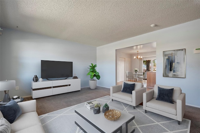 living room featuring a notable chandelier, carpet, baseboards, and a textured ceiling