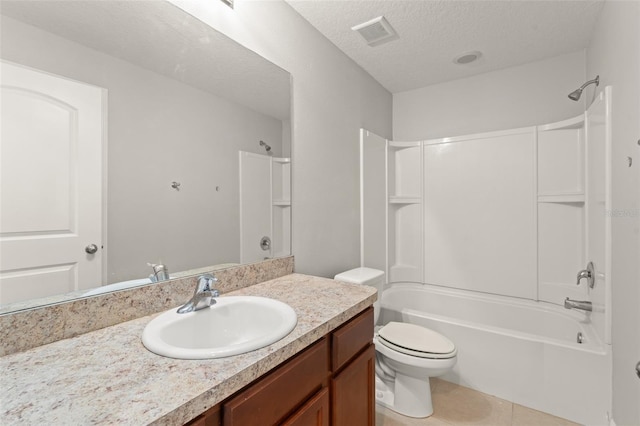 full bath featuring vanity, washtub / shower combination, visible vents, a textured ceiling, and toilet