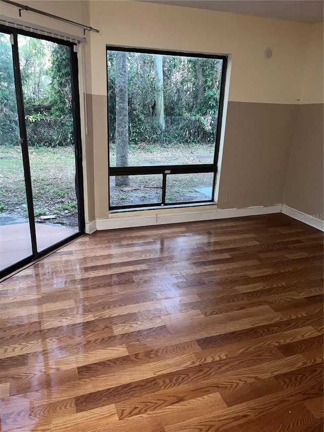 spare room with wood finished floors, baseboards, and a wealth of natural light