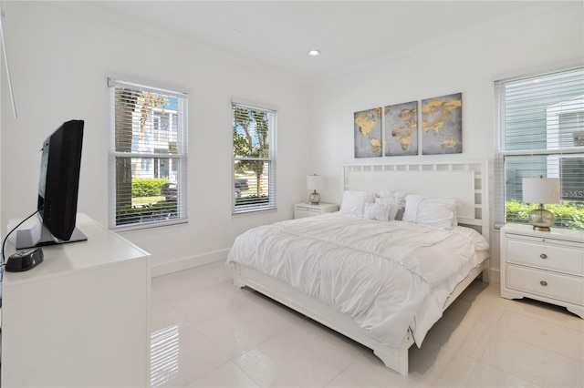 bedroom featuring light tile patterned floors, recessed lighting, baseboards, and ornamental molding