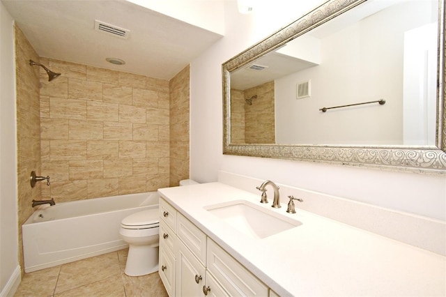 bathroom featuring shower / tub combination, visible vents, toilet, and vanity