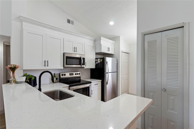 kitchen featuring visible vents, light stone countertops, lofted ceiling, stainless steel appliances, and a sink