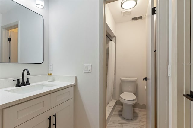 full bathroom with vanity, toilet, visible vents, and marble finish floor