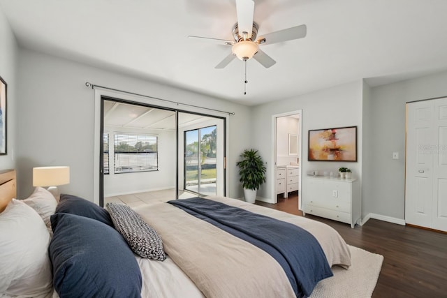 bedroom with wood finished floors, baseboards, ceiling fan, ensuite bathroom, and access to outside