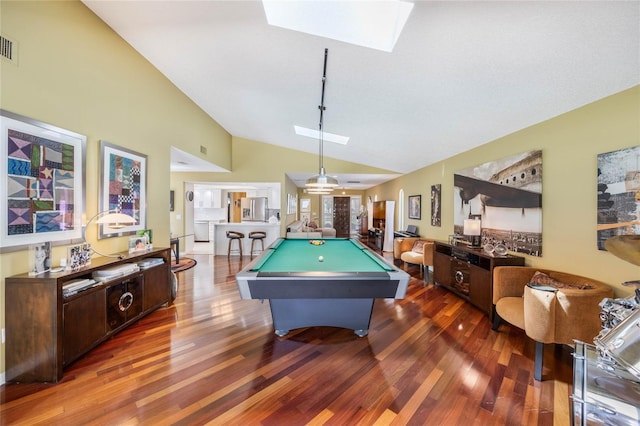 game room with lofted ceiling with skylight, visible vents, billiards, and wood finished floors