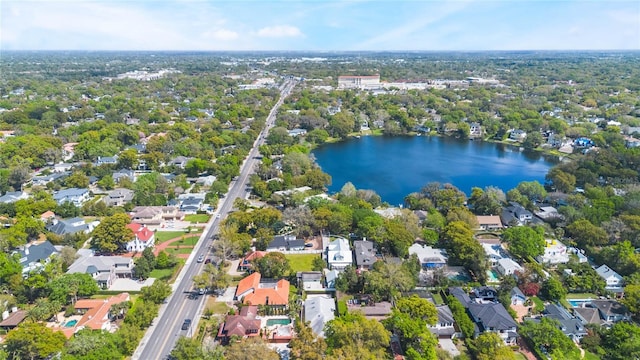 aerial view featuring a water view and a residential view