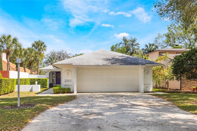 ranch-style house featuring roof with shingles, an attached garage, driveway, and stucco siding