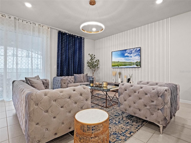 tiled living area with recessed lighting