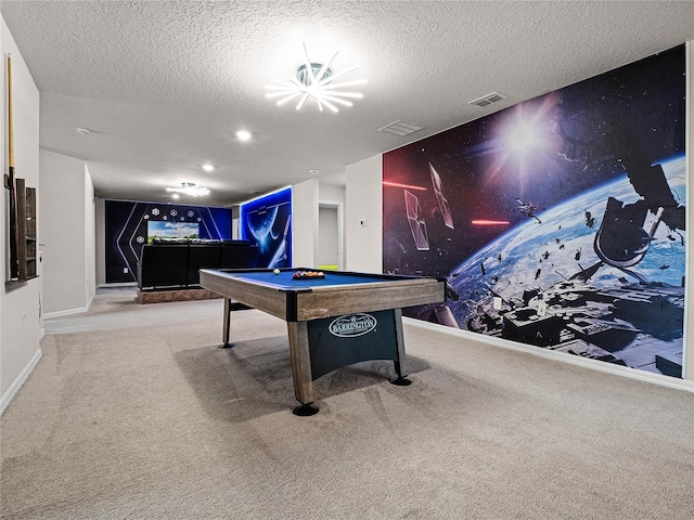 playroom with visible vents, a textured ceiling, billiards, and carpet floors