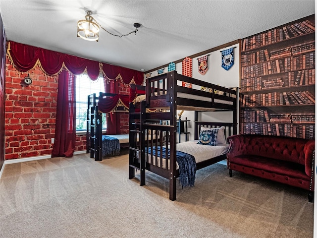 carpeted bedroom featuring a textured ceiling