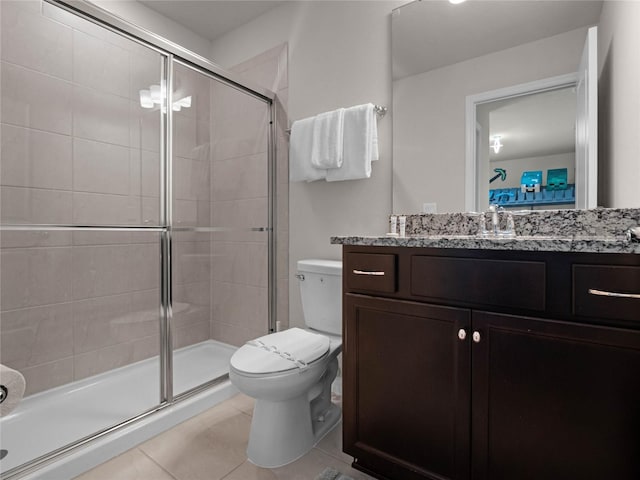 bathroom with tile patterned floors, a shower stall, toilet, and vanity