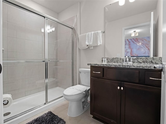 bathroom with vanity, toilet, and a stall shower