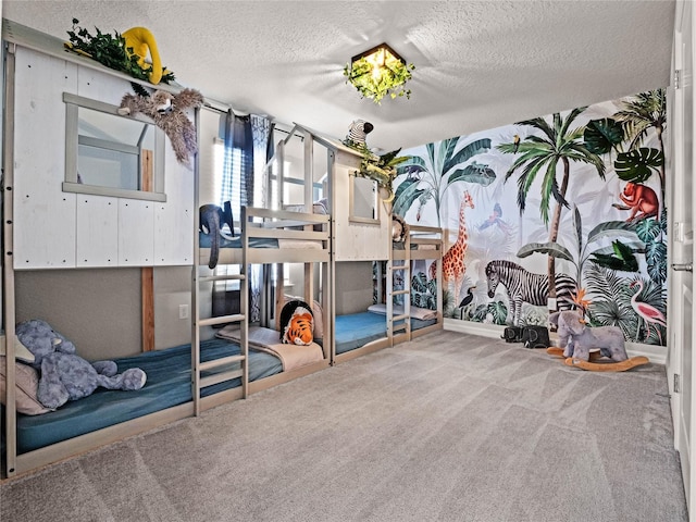 carpeted bedroom featuring a textured ceiling