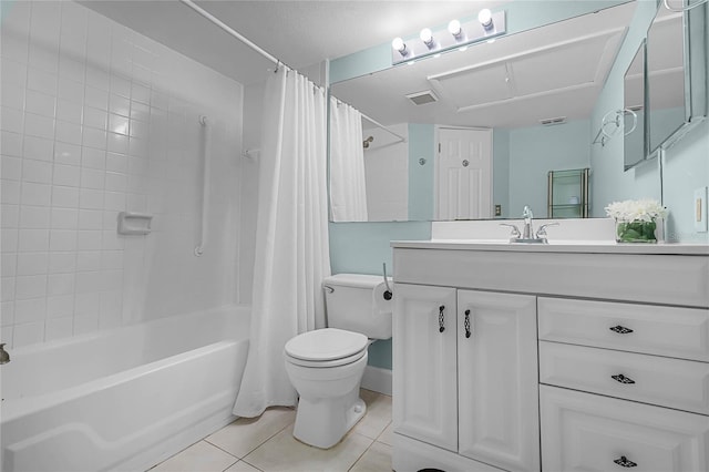 full bath with visible vents, toilet, shower / bath combo with shower curtain, tile patterned floors, and vanity