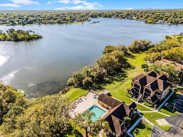 aerial view featuring a water view