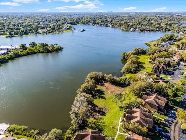 drone / aerial view featuring a water view