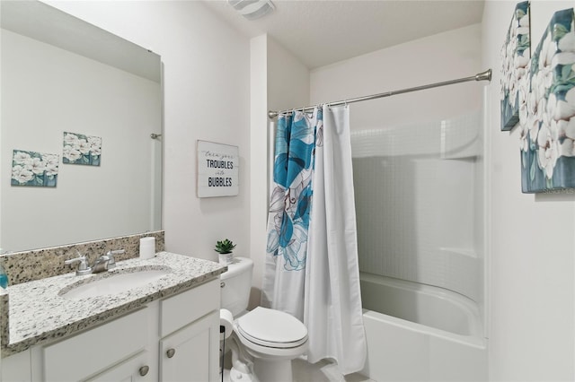 full bath featuring visible vents, toilet, vanity, and shower / bath combo