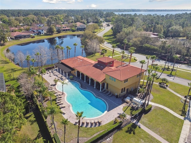 drone / aerial view with a water view