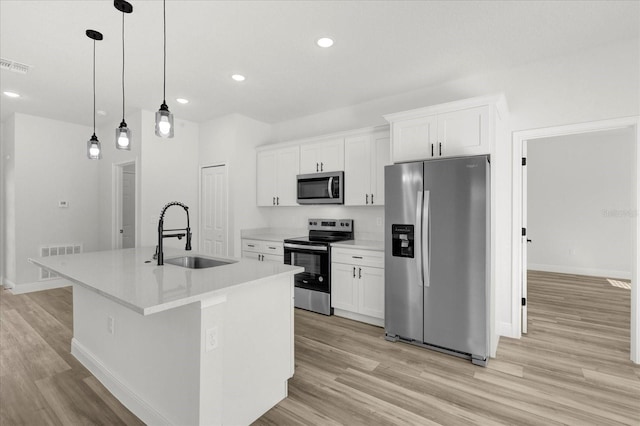 kitchen with a sink, stainless steel appliances, visible vents, and white cabinetry