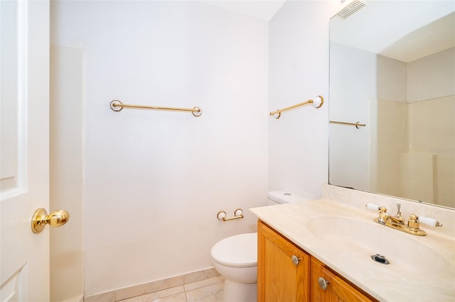 full bathroom featuring tile patterned floors, visible vents, toilet, and vanity