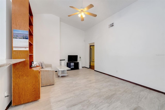 living room with visible vents, high vaulted ceiling, and ceiling fan