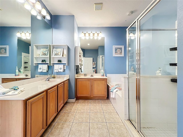 bathroom with a shower stall, a bath, visible vents, and tile patterned floors