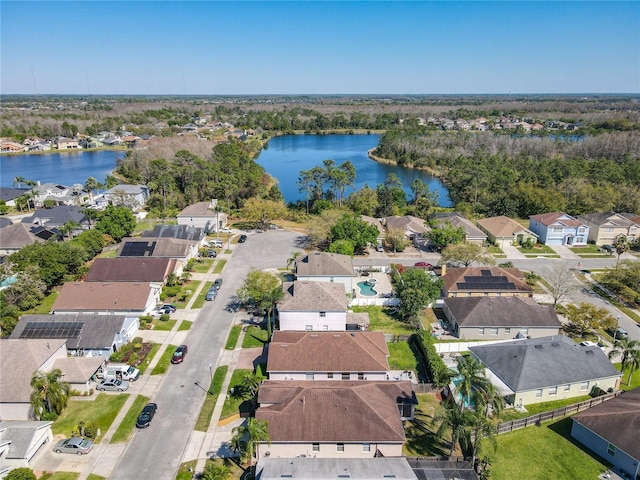 bird's eye view featuring a residential view and a water view