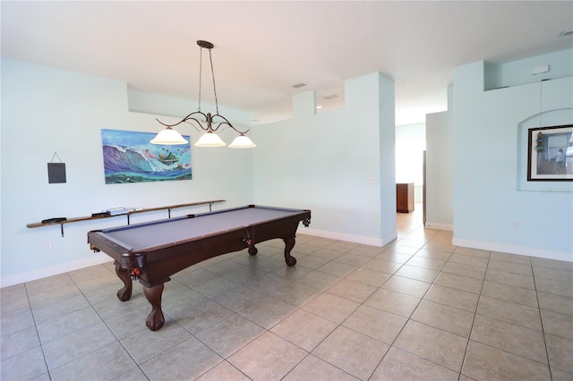 game room featuring pool table, light tile patterned flooring, visible vents, and baseboards