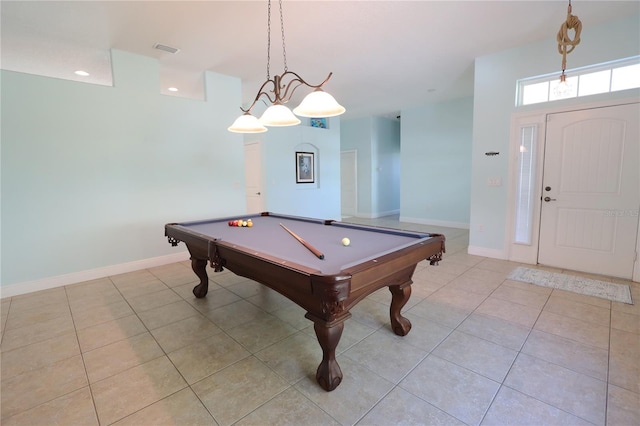 rec room with visible vents, pool table, baseboards, light tile patterned floors, and recessed lighting