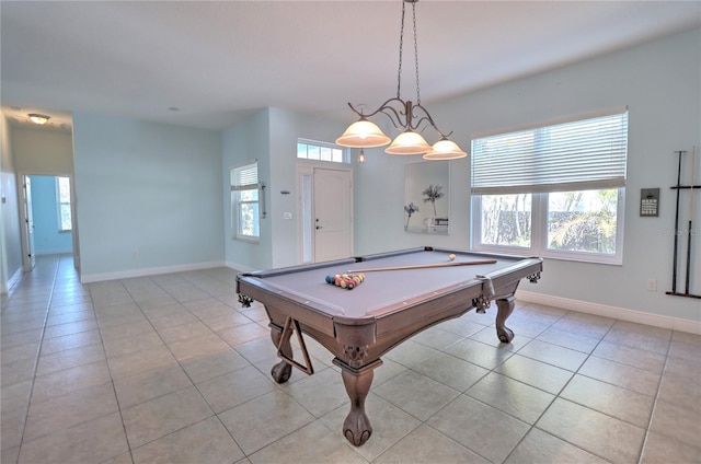 playroom featuring baseboards, light tile patterned flooring, and pool table