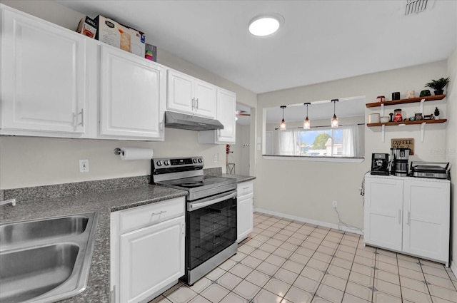 kitchen featuring visible vents, stainless steel range with electric stovetop, under cabinet range hood, a sink, and white cabinetry