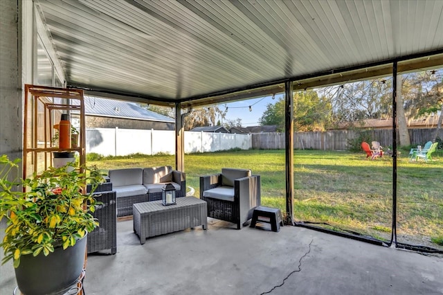 view of patio with an outdoor living space and a fenced backyard