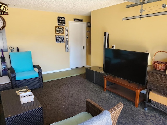 living room featuring baseboards, carpet floors, and a textured ceiling