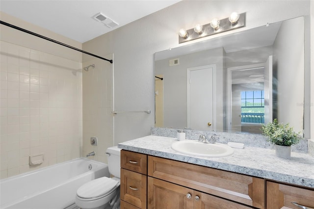 full bath with bathing tub / shower combination, visible vents, toilet, and vanity