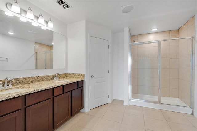 full bath featuring tile patterned flooring, visible vents, a shower stall, and a sink