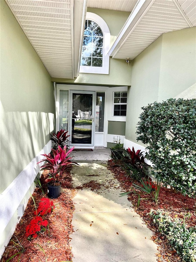view of exterior entry featuring stucco siding