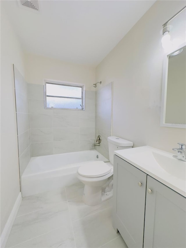 full bathroom with visible vents, vanity, toilet, and shower / bath combination