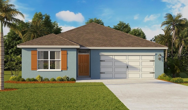 view of front of property with a front yard, concrete driveway, and stucco siding