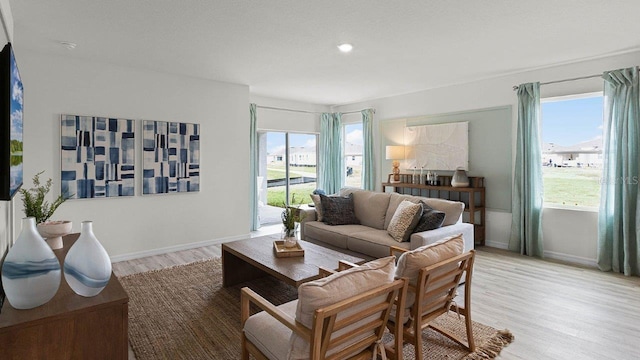 living area featuring baseboards, a healthy amount of sunlight, and light wood finished floors