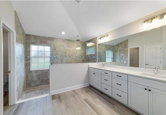 bathroom featuring double vanity, wood finished floors, a walk in shower, and a sink