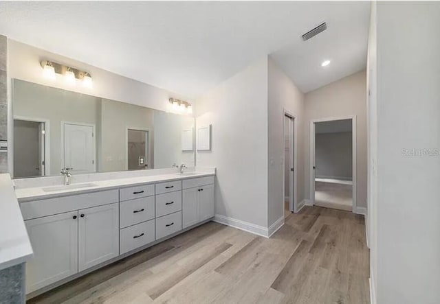 bathroom featuring visible vents, baseboards, double vanity, wood finished floors, and a sink