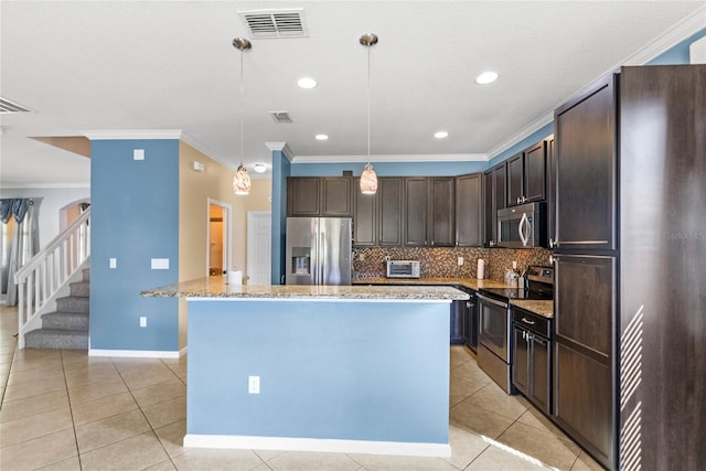 kitchen featuring dark brown cabinets, visible vents, appliances with stainless steel finishes, and light tile patterned flooring