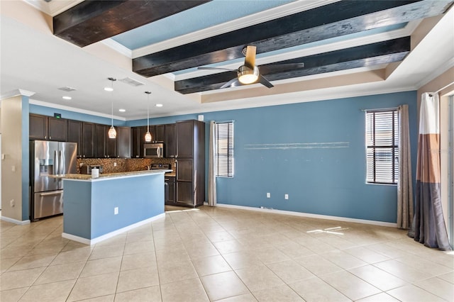 kitchen featuring dark brown cabinetry, beamed ceiling, light tile patterned flooring, and stainless steel appliances